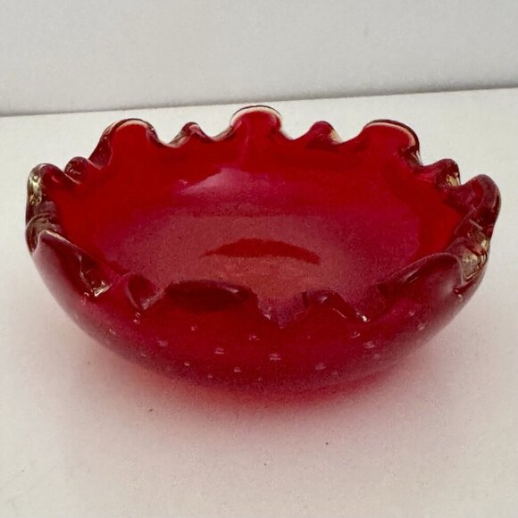 Ruby Red Murano Art Blown Glass Trinket Bowl 4.5” Glows Uv Bullicante Vintage - Picture 7 of 16